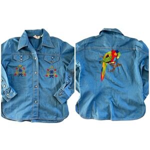 VTG 70s Blanquita Mexico Embroidered Parrot Floral Western Shirt Blue Womens S/M